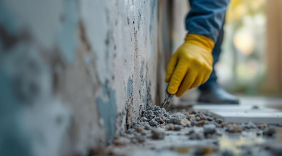 A wide shot of a basement interior undergoing mold remediation, showing yellow containment barriers, plastic sheeting, and industrial air scrubbers.
